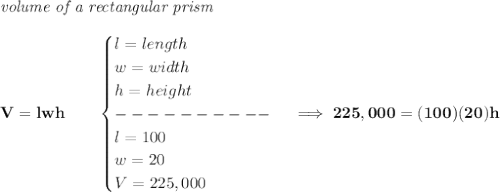 \bf \textit{volume of a rectangular prism}\\\\&#10;V=lwh\qquad &#10;\begin{cases}&#10;l=length\\&#10;w=width\\&#10;h=height\\&#10;----------\\&#10;l=100\\&#10;w=20\\&#10;V=225,000&#10;\end{cases}\implies 225,000=(100)(20)h