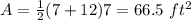 A=\frac{1}{2}(7+12)7=66.5\ ft^{2}