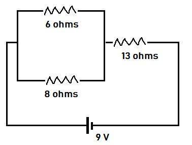 Acombined circuit has two resistors in parallel (6.0 ohms and 8.0 ohms) and another in series (13.0