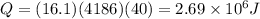 Q = (16.1)(4186)(40) = 2.69\times 10^6 J