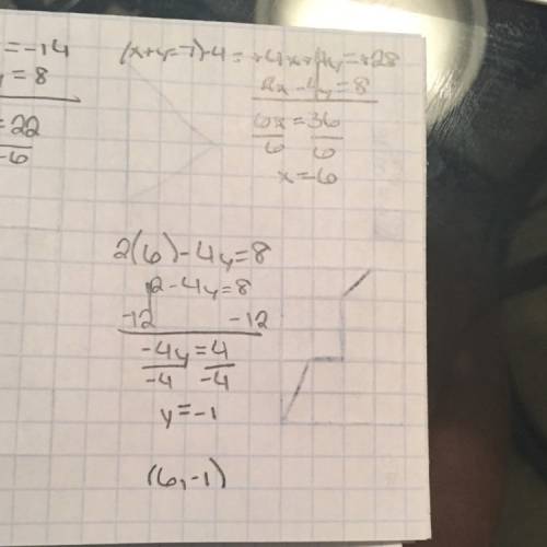Solve the system of equations by graphing. x+y=7 2x-4y=8