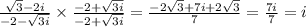 \frac{\sqrt{3}-2i}{-2-\sqrt{3i}}\times \frac{-2+\sqrt{3i}}{-2+\sqrt{3i}}=\frac{-2\sqrt{3}+7i+2\sqrt{3}}{7}=\frac{7i}{7}=i