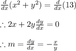 \frac{d}{dx}(x^2+y^2)=\frac{d}{dx}(13) \\ \\ \therefore 2x+2y\frac{dy}{dx}=0 \\ \\ \therefore m=\frac{dy}{dx}=-\frac{x}{y}