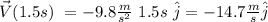\vec{V}(1.5 s) \ =  - 9.8 \frac{m}{s^2} \ 1.5  s \ \hat{j} = -14.7 \frac{m}{s} \hat{j}