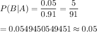 P(B|A)=\dfrac{0.05}{0.91}=\dfrac{5}{91}\\\\=0.0549450549451\approx0.05