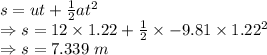 s=ut+\frac{1}{2}at^2\\\Rightarrow s=12\times 1.22+\frac{1}{2}\times -9.81\times 1.22^2\\\Rightarrow s=7.339\ m