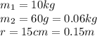 m_1 = 10 kg\\m_2 = 60 g = 0.06 kg\\r = 15 cm = 0.15 m