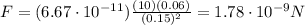 F=(6.67\cdot 10^{-11})\frac{(10)(0.06)}{(0.15)^2}=1.78\cdot 10^{-9}N