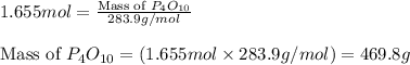 1.655mol=\frac{\text{Mass of }P_4O_{10}}{283.9g/mol}\\\\\text{Mass of }P_4O_{10}=(1.655mol\times 283.9g/mol)=469.8g