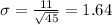 \sigma = \frac{11}{\sqrt{45}} = 1.64