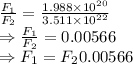 \frac{F_1}{F_2}=\frac{1.988\times 10^{20}}{3.511\times 10^{22}}\\\Rightarrow \frac{F_1}{F_2}=0.00566\\\Rightarrow F_1=F_20.00566