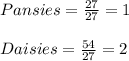 Pansies=\frac{27}{27}=1\\\\Daisies=\frac{54}{27}=2