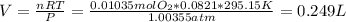 V=\frac{nRT}{P} =\frac{0.01035 mol O_{2}*0.0821*295.15 K}{1.00355 atm}=0.249 L