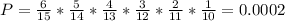 P = \frac{6}{15}*\frac{5}{14}*\frac{4}{13}*\frac{3}{12}*\frac{2}{11}*\frac{1}{10} = 0.0002