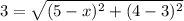 3=\sqrt{(5-x)^2+(4-3)^2}
