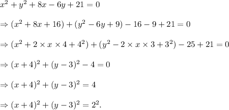 x^2+y^2+8x-6y+21=0\\\\\Rightarrow (x^2+8x+16)+(y^2-6y+9)-16-9+21=0\\\\\Rightarrow (x^2+2\times x\times 4+4^2)+(y^2-2\times x\times 3+3^2)-25+21=0\\\\\Rightarrow (x+4)^2+(y-3)^2-4=0\\\\\Rightarrow (x+4)^2+(y-3)^2=4\\\\\Rightarrow (x+4)^2+(y-3)^2=2^2.