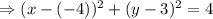 \Rightarrow (x-(-4))^2+(y-3)^2=4