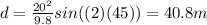 d=\frac {20^{2}}{9.8}sin((2)(45))=40.8 m