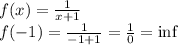 f(x)=\frac{1}{x+1}\\ f(-1)=\frac{1}{-1+1}=\frac{1}{0}=\inf