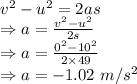 v^2-u^2=2as\\\Rightarrow a=\frac{v^2-u^2}{2s}\\\Rightarrow a=\frac{0^2-10^2}{2\times 49}\\\Rightarrow a=-1.02\ m/s^2