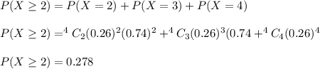 P(X\geq 2)=P(X=2)+P(X=3)+P(X=4)\\\\P(X\geq 2)=^4C_2(0.26)^2(0.74)^2+^4C_3(0.26)^3(0.74+^4C_4(0.26)^4\\\\P(X\geq 2)=0.278