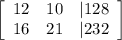 \left[\begin{array}{ccc}12&10&|128\\16&21&|232\end{array}\right]