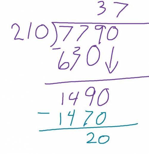 What is 7,790 divided by 210 and the remainder?  (cause i really need  with long division cause i