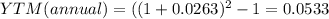 YTM(annual)=((1+0.0263)^{2}-1 =0.0533
