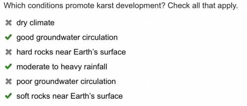 Which conditions promote karst development?  check all that apply. dry climate good groundwater circ