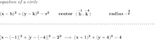 \bf \textit{equation of a circle}\\\\ (x- h)^2+(y- k)^2= r^2 \qquad center~~(\stackrel{-1}{ h},\stackrel{-4}{ k})\qquad \qquad radius=\stackrel{2}{ r} \\\\[-0.35em] ~\dotfill\\[2em] [x-(-1)]^2+[y-(-4)]^2=2^2\implies (x+1)^2+(y+4)^2=4