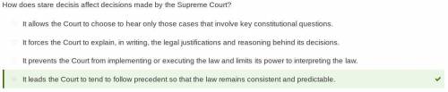 How does stare decisis affect decisions made by the supreme court?  a.it allows the court to choose