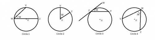 Which circle with center u shows a central angle whose intercepted arc, line segment z v, measures 5