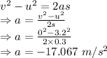 v^2-u^2=2as\\\Rightarrow a=\frac{v^2-u^2}{2s}\\\Rightarrow a=\frac{0^2-3.2^2}{2\times 0.3}\\\Rightarrow a=-17.067\ m/s^2
