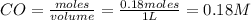 CO=\frac{moles}{volume}=\frac{0.18moles}{1L}=0.18M
