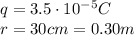 q=3.5\cdot 10^{-5} C\\r=30 cm=0.30 m