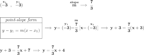 \bf (\stackrel{x_1}{-3}~,~\stackrel{y_1}{-3})~\hspace{10em} \stackrel{slope}{m}\implies \cfrac{7}{3} \\\\\\ \begin{array}{|c|ll} \cline{1-1} \textit{point-slope form}\\ \cline{1-1} \\ y-y_1=m(x-x_1) \\\\ \cline{1-1} \end{array}\implies y-\stackrel{y_1}{(-3)}=\stackrel{m}{\cfrac{7}{3}}[x-\stackrel{x_1}{(-3)}] \implies y+3=\cfrac{7}{3}(x+3) \\\\\\ y+3=\cfrac{7}{3}x+7\implies y=\cfrac{7}{3}x+4