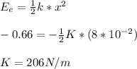 E_e=\frac{1}{2}k*x^2\\\\-0.66=-\frac{1}{2}K*(8*10^{-2})\\\\K=206N/m