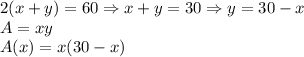 2(x+y)=60 \Rightarrow x+y=30 \Rightarrow y=30-x&#10;\\A=xy&#10;\\A(x)=x(30-x)