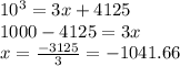 10^{3} =3x+4125\\1000-4125=3x\\x=\frac{-3125}{3} =-1041.66
