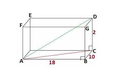 Find the diagonal of the rectangular solid with the given measures. l = 18, w = 10, h = 2