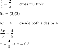 \dfrac{5}{2}=\dfrac{2}{x}\qquad\text{cross multiply}\\\\5x=(2)(2)\\\\5x=4\qquad\text{divide both sides by 5}\\\\\dfrac{5x}{5}=\dfrac{4}{5}\\\\x=\dfrac{4}{5}\to x=0.8