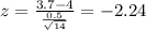 z=\frac{3.7-4}{\frac{0.5}{\sqrt{14} } }=-2.24