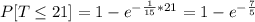 P[T\leq 21]=1-e^{-\frac{1}{15}*21 } =1-e^{-\frac{7}{5} }