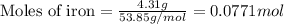 \text{Moles of iron}=\frac{4.31g}{53.85g/mol}=0.0771mol
