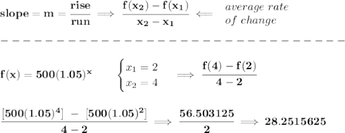 \bf slope = {{ m}}= \cfrac{rise}{run} \implies &#10;\cfrac{{{ f(x_2)}}-{{ f(x_1)}}}{{{ x_2}}-{{ x_1}}}\impliedby &#10;\begin{array}{llll}&#10;average\ rate\\&#10;of\ change&#10;\end{array}\\\\&#10;-------------------------------\\\\&#10;f(x)=500(1.05)^x   \qquad &#10;\begin{cases}&#10;x_1=2\\&#10;x_2=4&#10;\end{cases}\implies \cfrac{f(4)-f(2)}{4-2}&#10;\\\\\\&#10;\cfrac{[500(1.05)^4]~-~[500(1.05)^2]}{4-2}\implies \cfrac{56.503125}{2}\implies 28.2515625