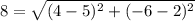 8=\sqrt{(4-5)^2+(-6-2)^2}