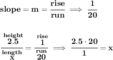 \bf slope = {{ m}}= \cfrac{rise}{run}\implies \cfrac{1}{20}&#10;\\\\\\&#10;\cfrac{\stackrel{height}{2.5}}{\stackrel{length}{x}}=\cfrac{\stackrel{rise}{1}}{\stackrel{run}{20}}\implies \cfrac{2.5\cdot 20}{1}=x
