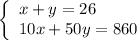\left\{\begin{array}{l}x+y=26\\10x+50y=860\end{array}\right.