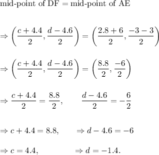 \textup{mid-point of DF}=\textup{mid-point of AE}\\\\\\\Rightarrow \left(\dfrac{c+4.4}{2},\dfrac{d-4.6}{2}\right)=\left(\dfrac{2.8+6}{2},\dfrac{-3-3}{2}\right)\\\\\\\Rightarrow \left(\dfrac{c+4.4}{2},\dfrac{d-4.6}{2}\right)=\left(\dfrac{8.8}{2},\dfrac{-6}{2}\right)\\\\\\\Rightarrow \dfrac{c+4.4}{2}=\dfrac{8.8}{2},~~~~~~\dfrac{d-4.6}{2}=-\dfrac{6}{2}\\\\\\\Rightarrow c+4.4=8.8,~~~~~\Rightarrow d-4.6=-6\\\\\Rightarrow c=4.4,~~~~~~~~~~~~\Rightarrow d=-1.4.