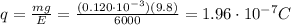 q=\frac{mg}{E}=\frac{(0.120\cdot 10^{-3})(9.8)}{6000}=1.96\cdot 10^{-7} C